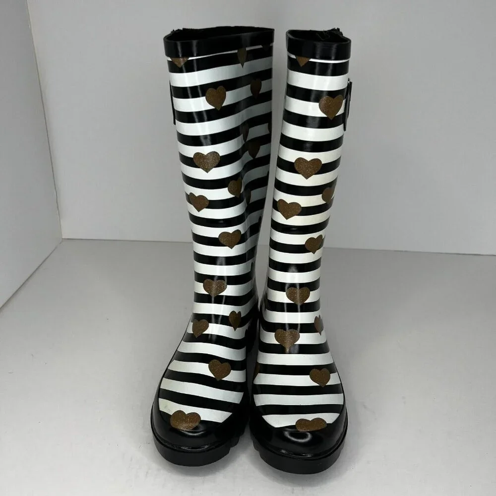 Kushyshoo Womens Black Striped Heart Rubber Mid Calf Size 7 Rain Boots